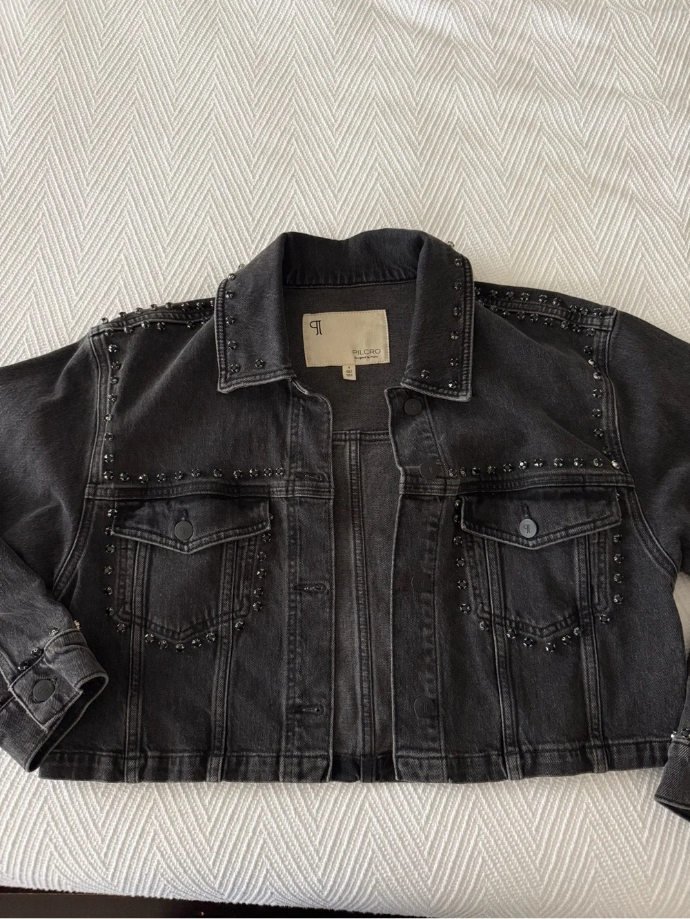 Pilcro by Anthropologie Black Studded Cropped Denim Jacket